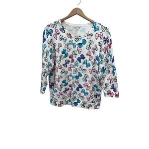 Talbots XL All Over Bow Print Coquette Button Cardigan Cotton Sweater Preppy
